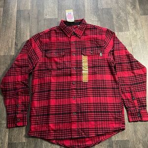 Men's Woolrich Button Plaid Down Flannel Shirt in Red Lightweight Jacket